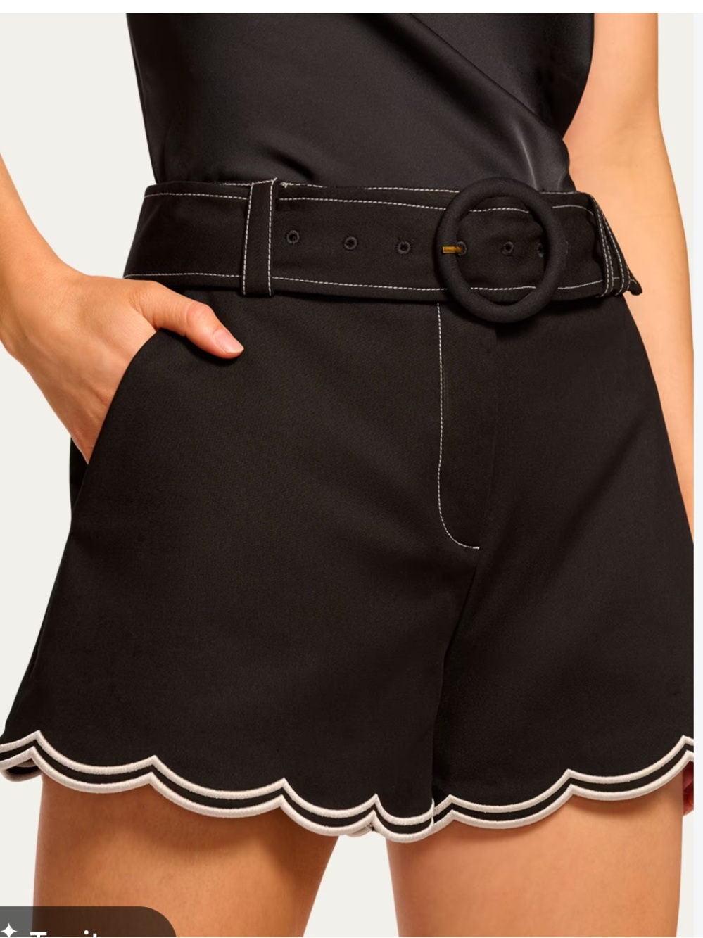 Ramy Brook Black Scallop-Hem Belted Shorts with White Trim | 10